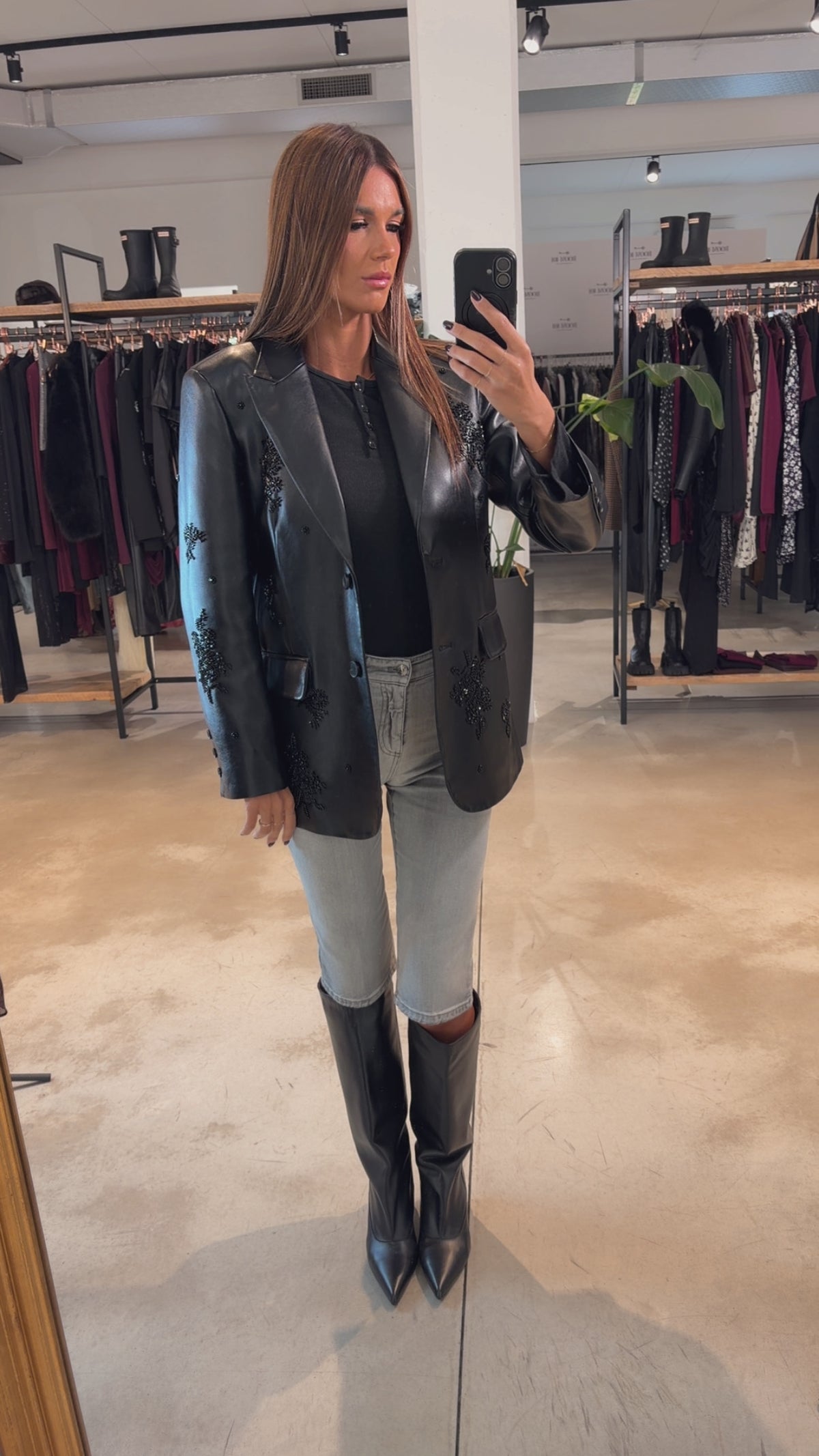 Blazer In Ecopelle Con Ricami Perline Nero