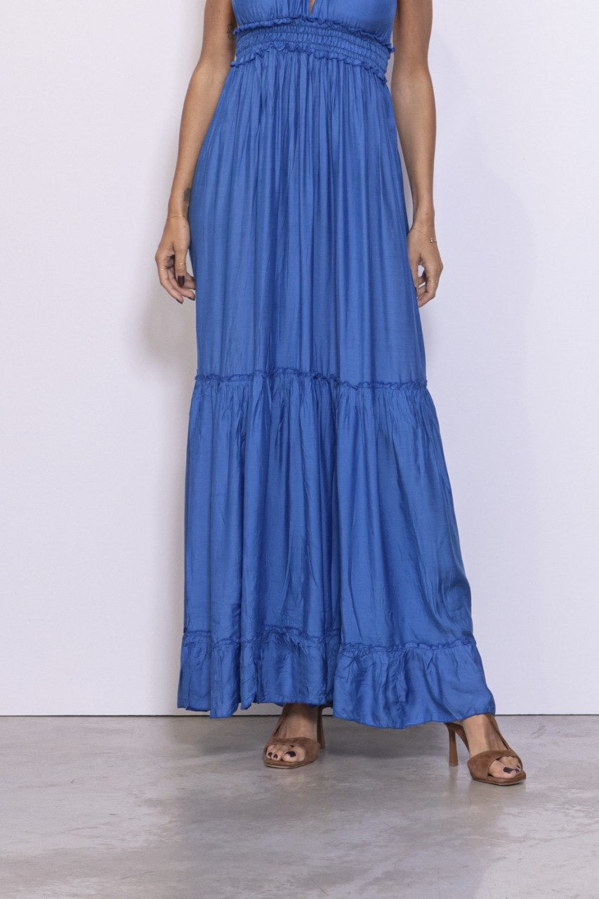 Abito Lungo Con Fascia Punto Smock Sotto Al Seno Tinta Unita Blu