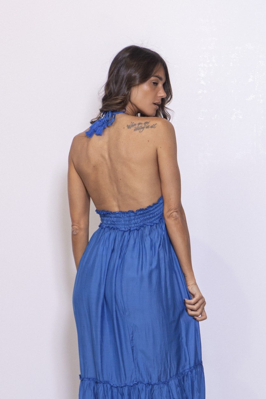 Abito Lungo Con Fascia Punto Smock Sotto Al Seno Tinta Unita Blu