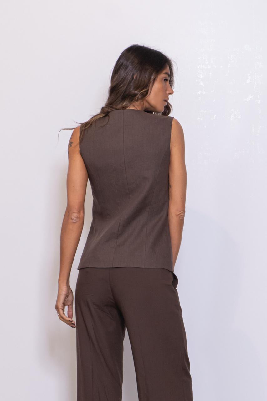 Gilet Girocollo Con Bottoncini Rivestiti In Lino