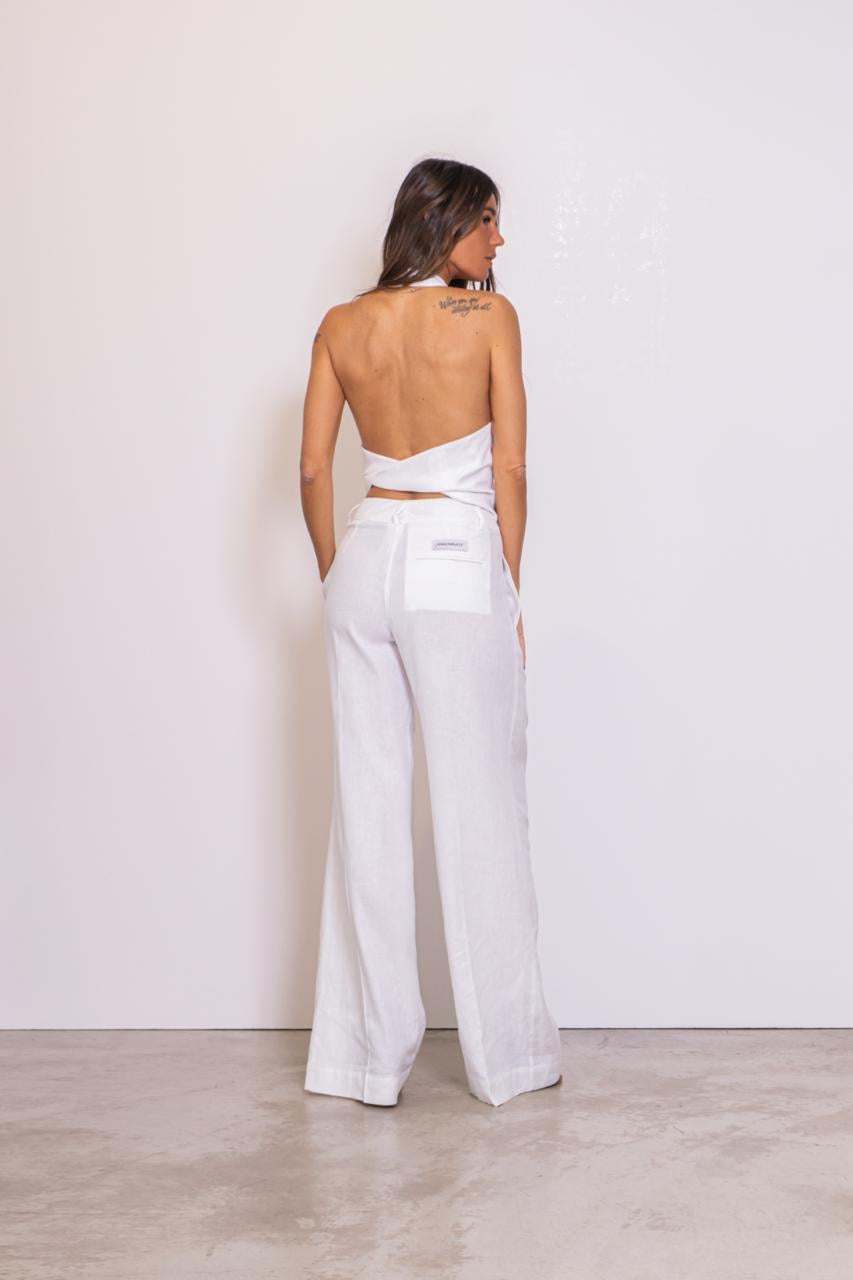 Top In Lino Con Incrocio Al Collo Bianco