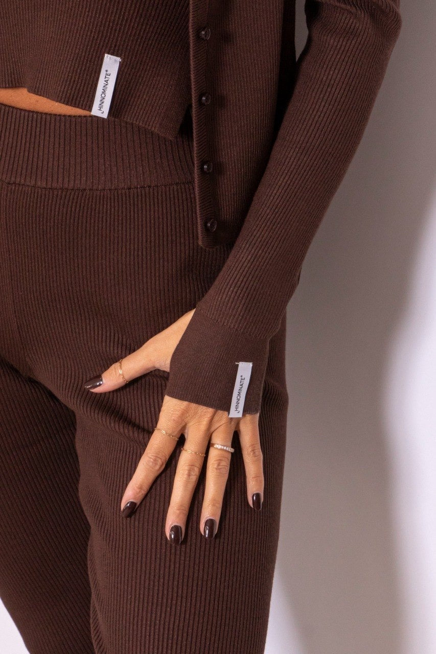 Cardigan Girocollo In Maglia A Costine Caffe