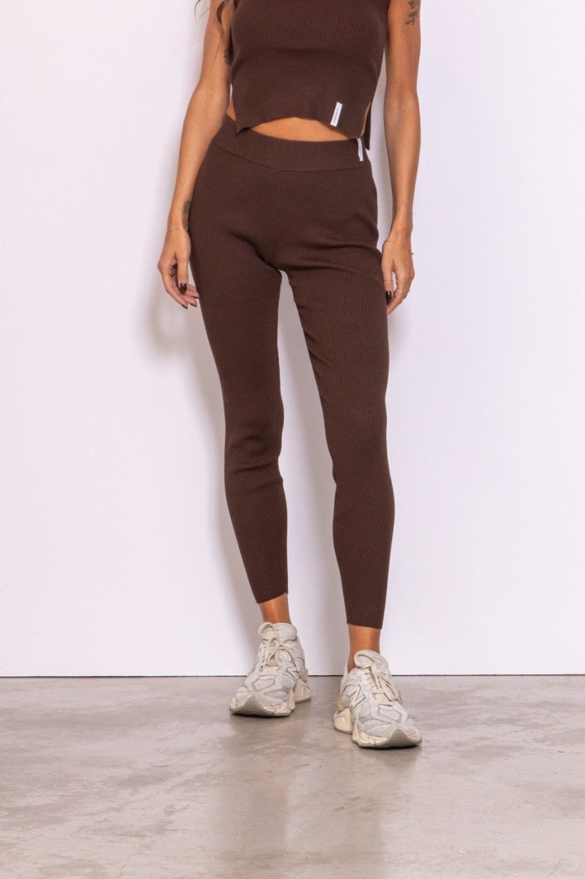 Leggings In Maglia A Costine Caffe