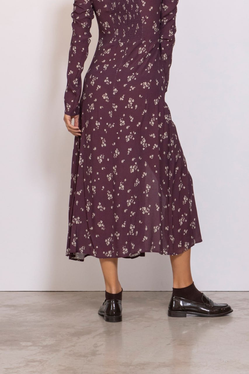 Abito Midi Con Arricciatura Laterale E Bottoncini Piccoli Bouquet Bordeaux