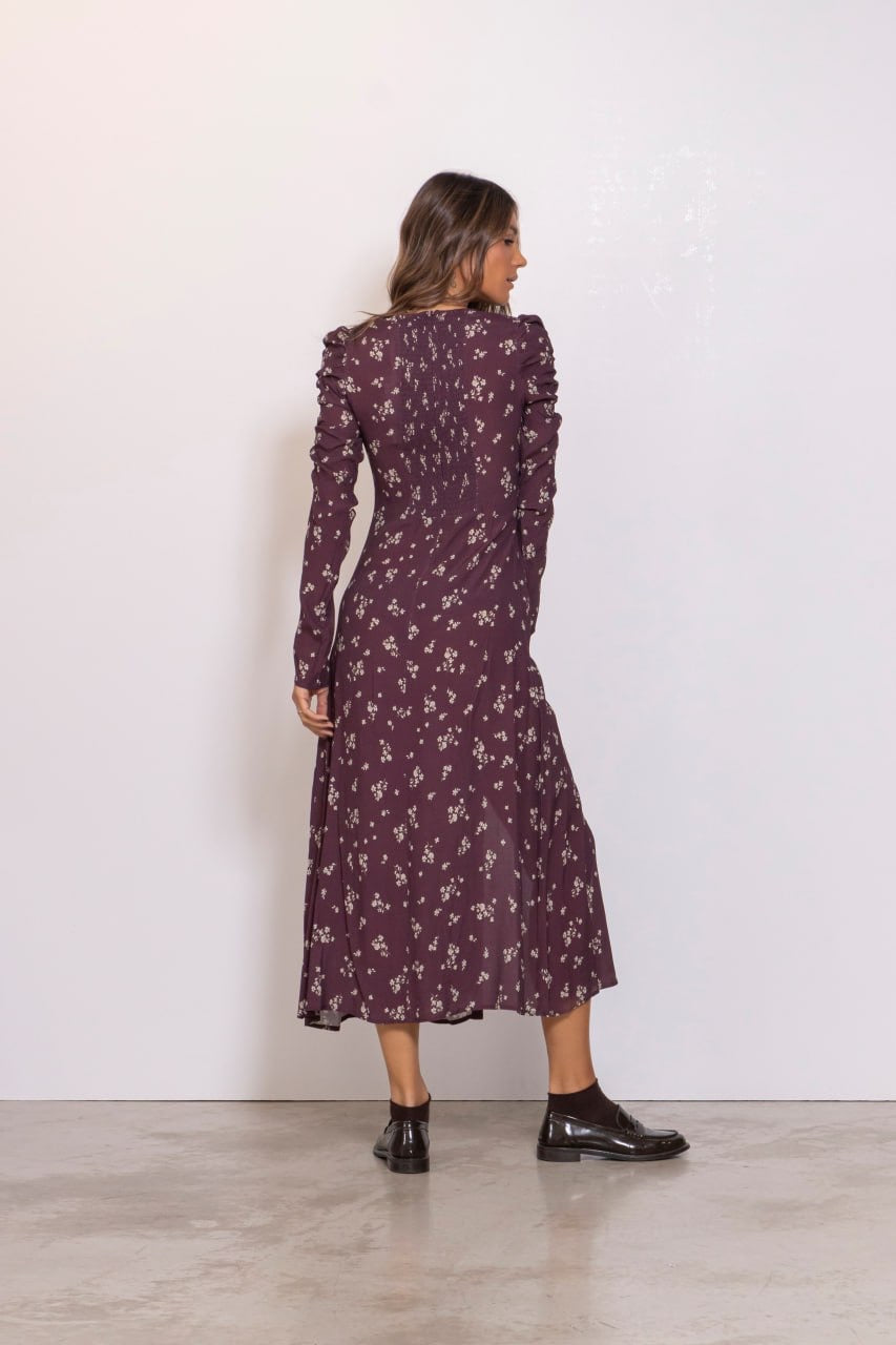 Abito Midi Con Arricciatura Laterale E Bottoncini Piccoli Bouquet Bordeaux