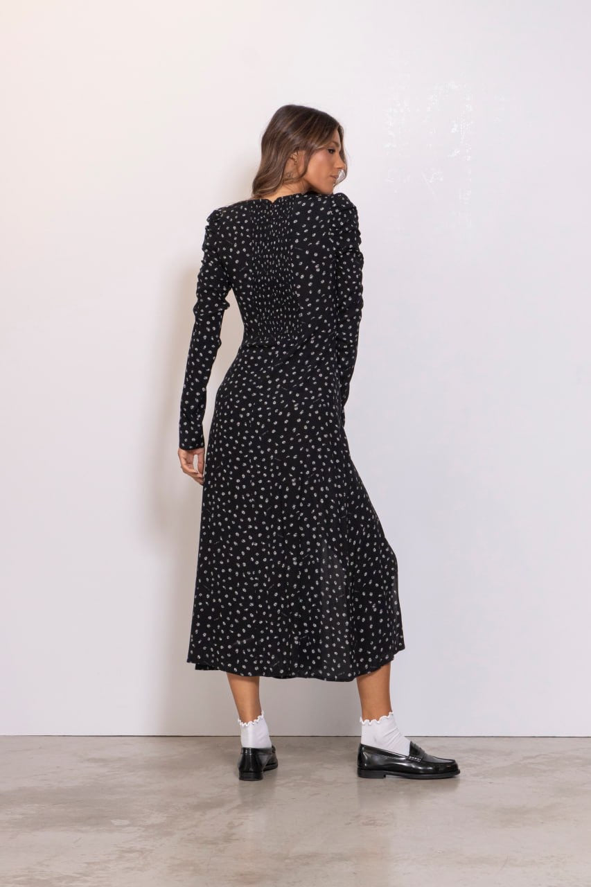 Preordine Abito Midi Con Arricciatura Laterale E Bottoncini Margherite Nero