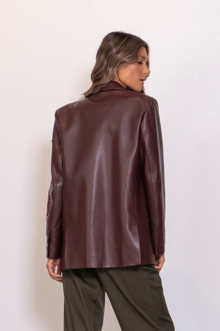 Blazer In Ecopelle Con Ricami Perline Bordeaux