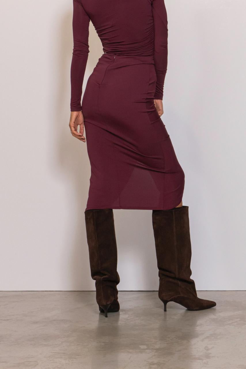 Gonna Midi Con Spacco E Arricciatura Verticale Bordeaux