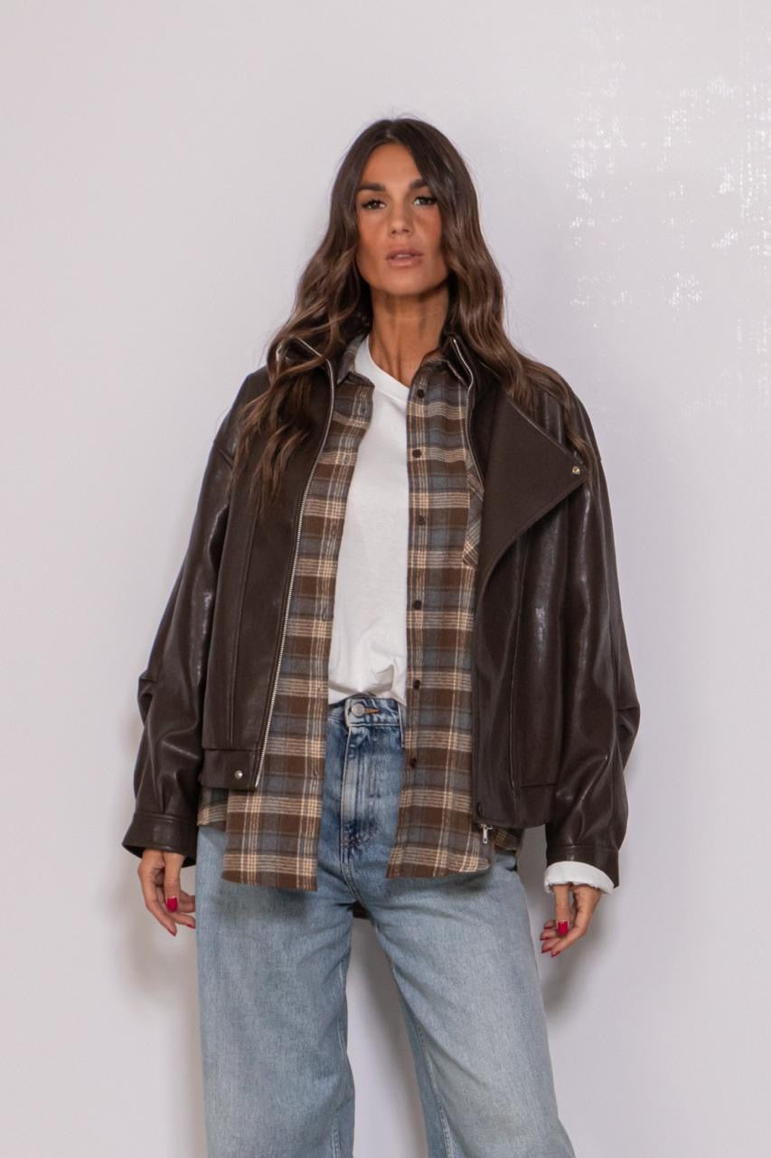 Maxi Camicia A Quadri Con Tasca Sul Petto Marrone