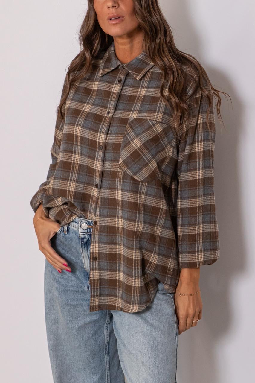 Maxi Camicia A Quadri Con Tasca Sul Petto Marrone
