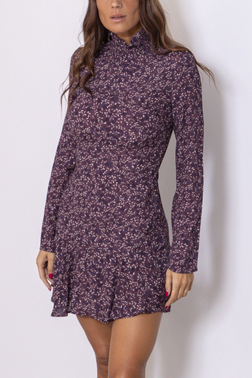 Preordine Abito Corto Accollato Con Balza Rose Rampicanti Bordeuax