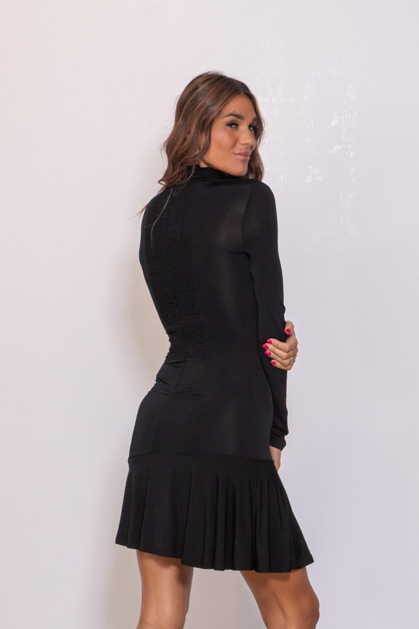 Abito Corto Accollato Con Balza Tinta Unita Nero