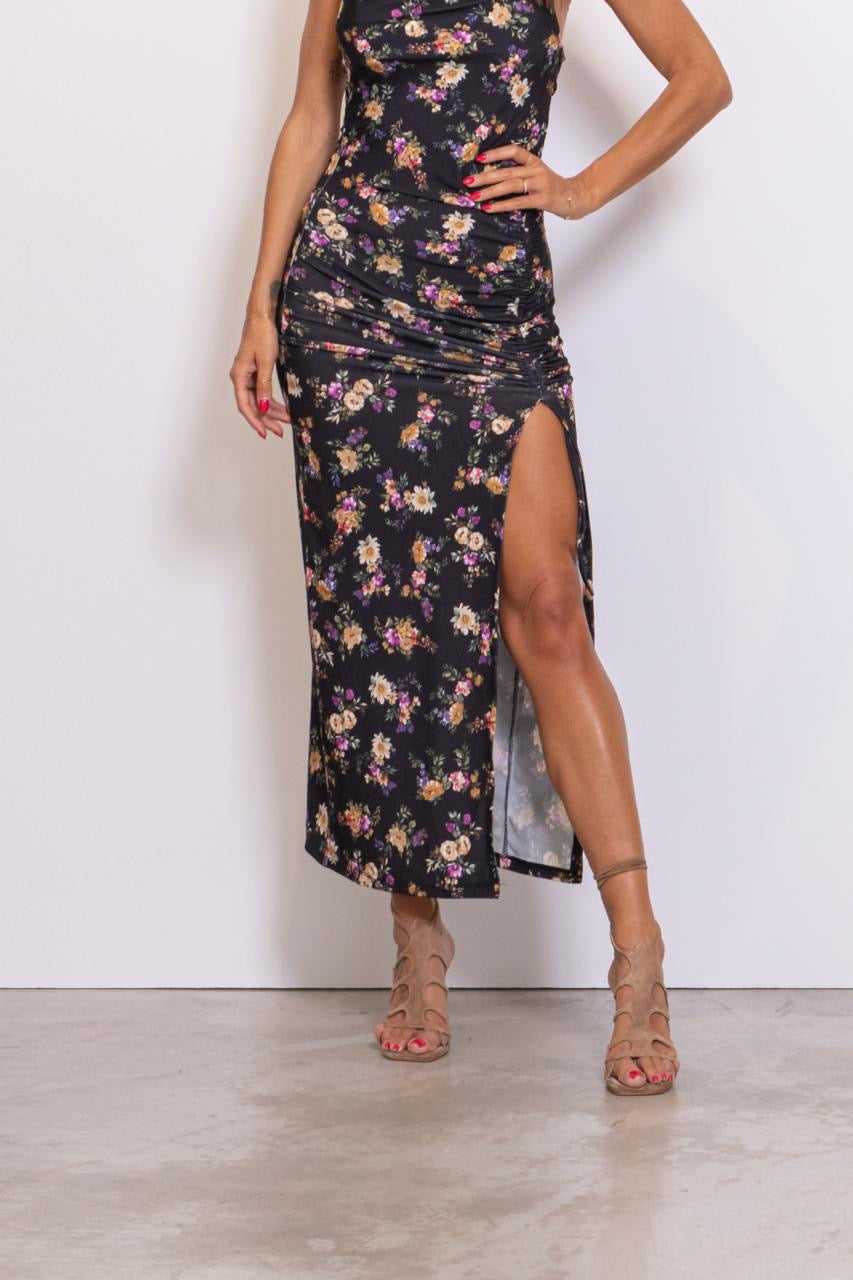 Preordine Abito Lungo Con Spacco Floreale Nero
