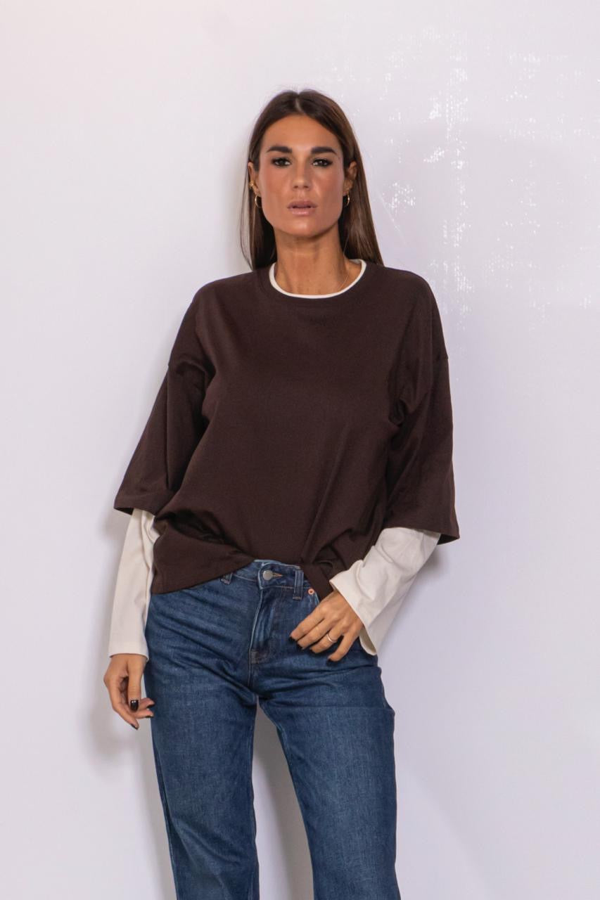 T-shirt Manica Lunga Svasata Bicolor marrone
