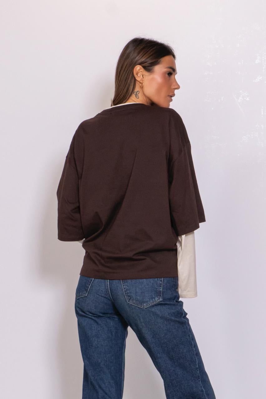 T-shirt Manica Lunga Svasata Bicolor marrone