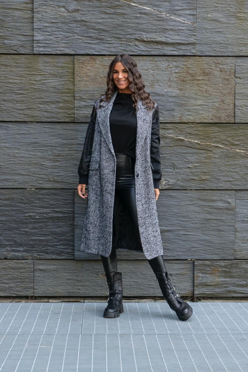Cappotto Lungo In Panno Spinato Con Maniche In Nylon