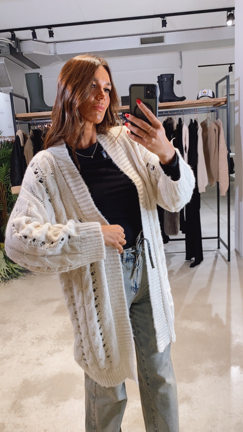 Cardigan Traforato Con Trecce Ecru