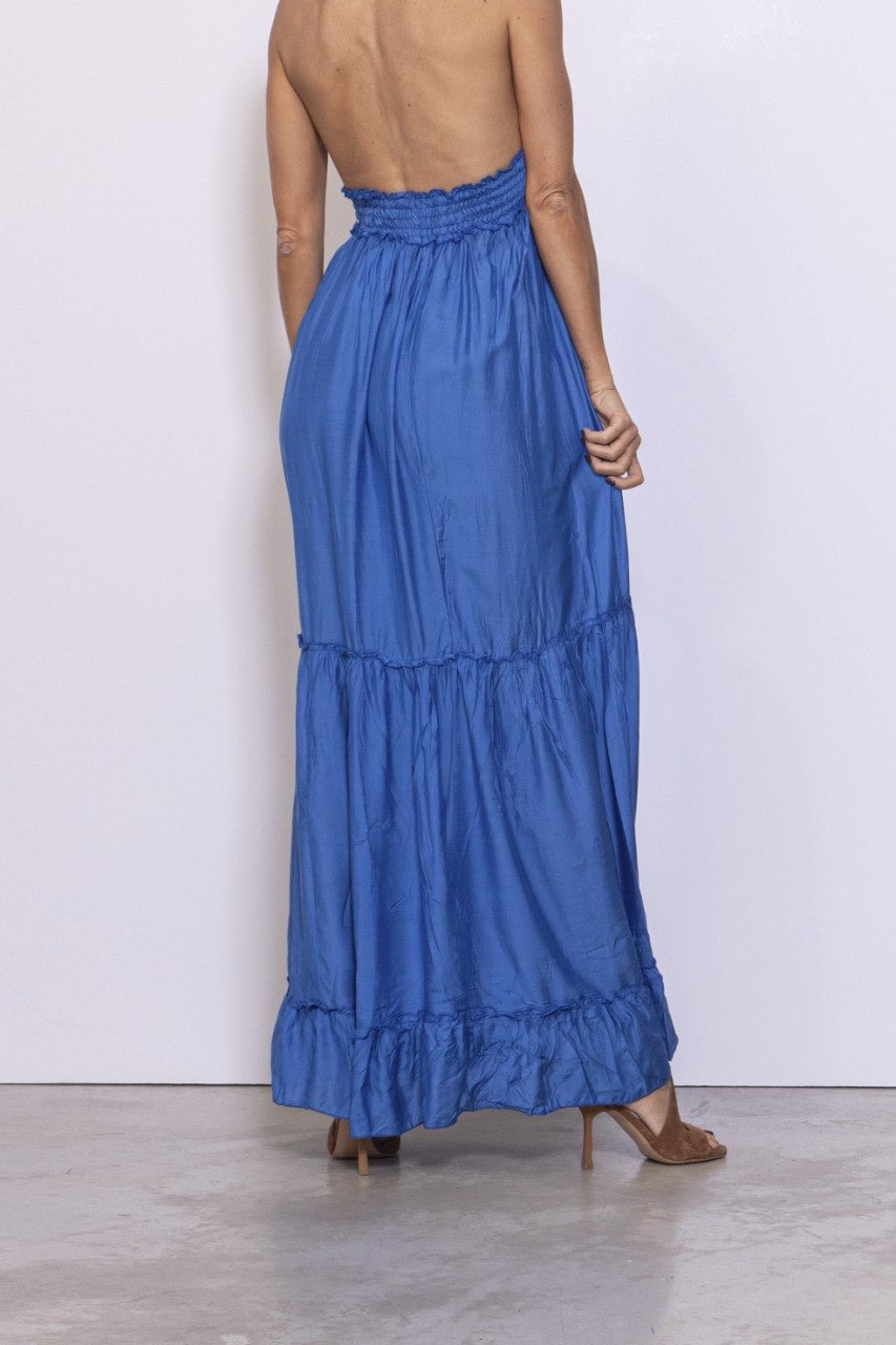 Abito Lungo Con Fascia Punto Smock Sotto Al Seno Tinta Unita Blu