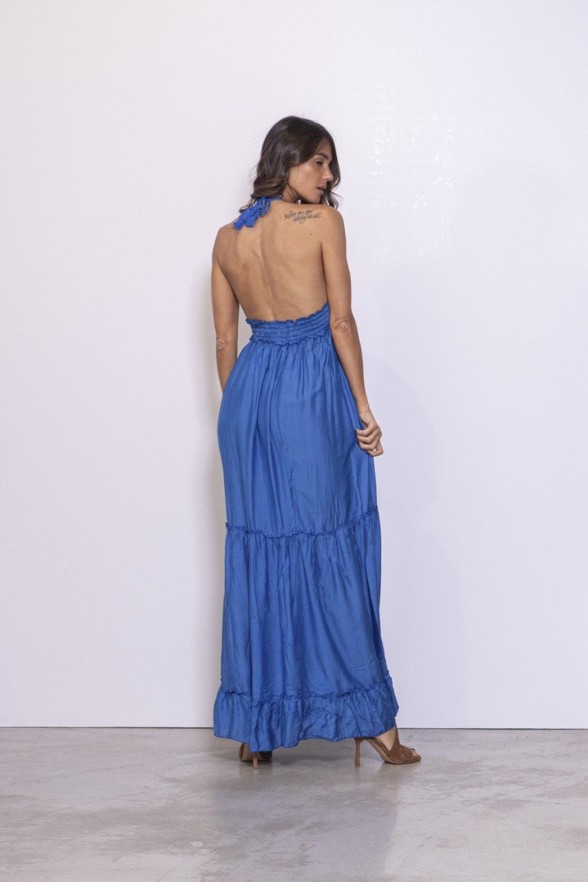 Abito Lungo Con Fascia Punto Smock Sotto Al Seno Tinta Unita Blu