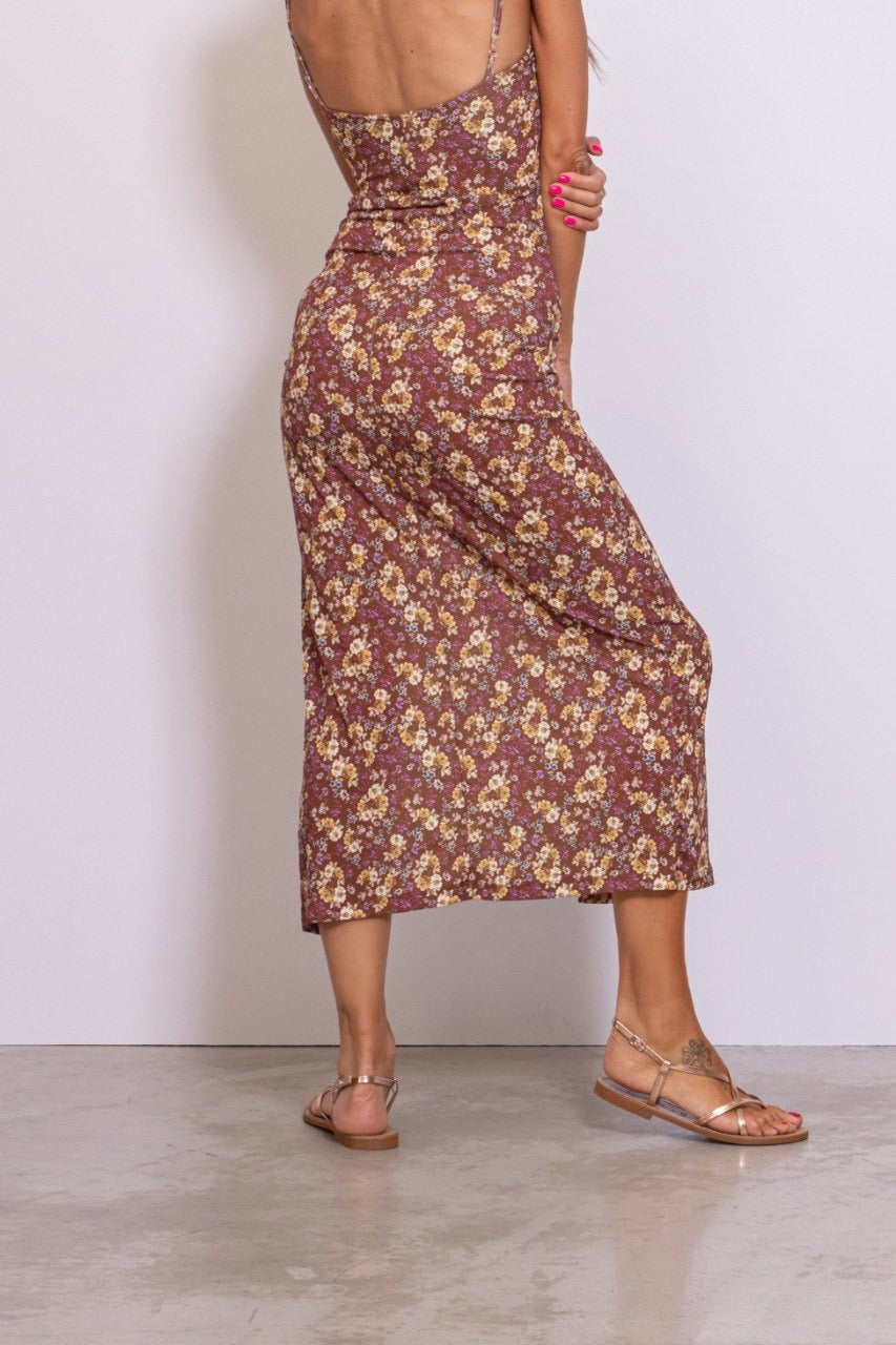 Preordine Abito Lungo Con Scollo Sceso E Spacco Floreale Tabacco