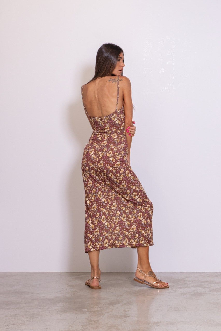 Preordine Abito Lungo Con Scollo Sceso E Spacco Floreale Tabacco