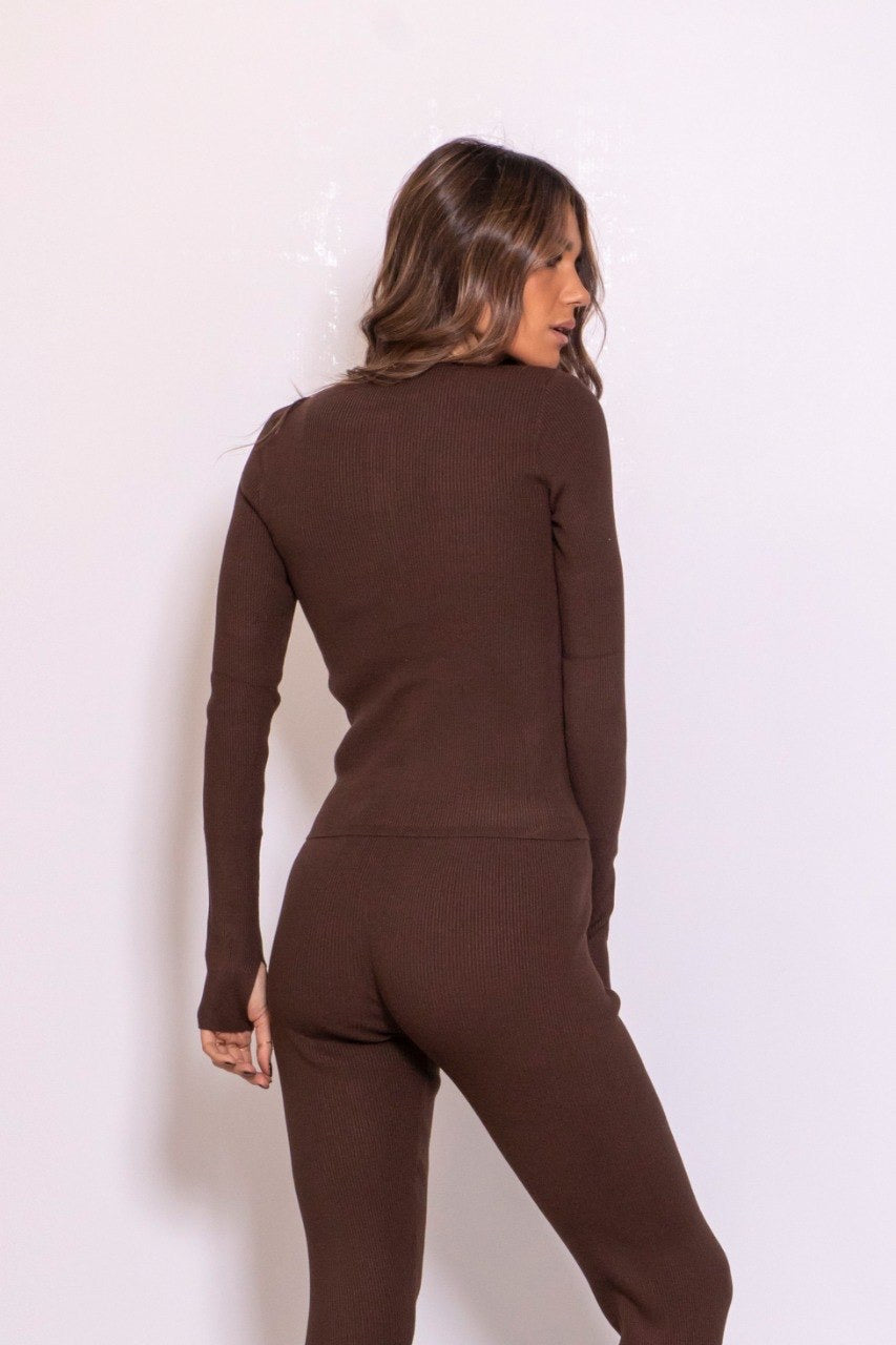 Cardigan Girocollo In Maglia A Costine Caffe