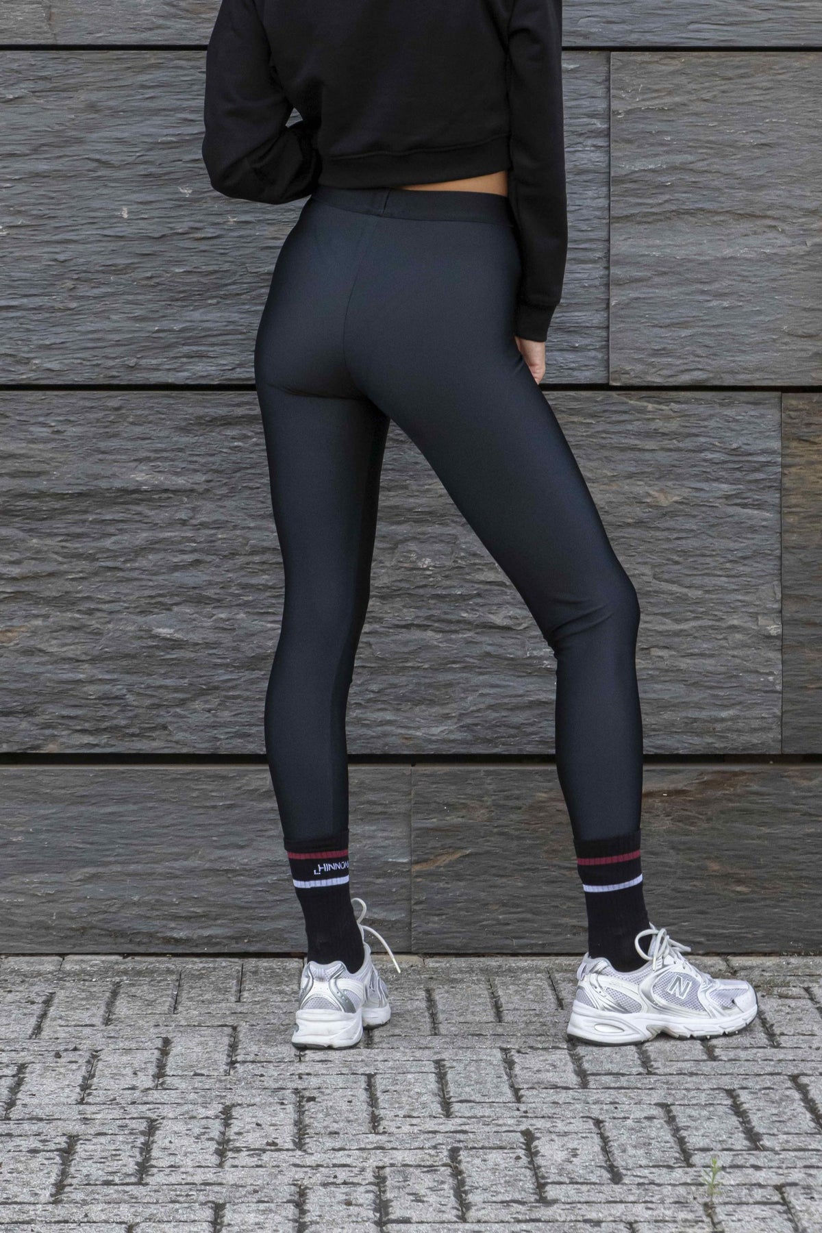 Leggings In Lycra Lucida A Vita Alta Con Elastico Logato