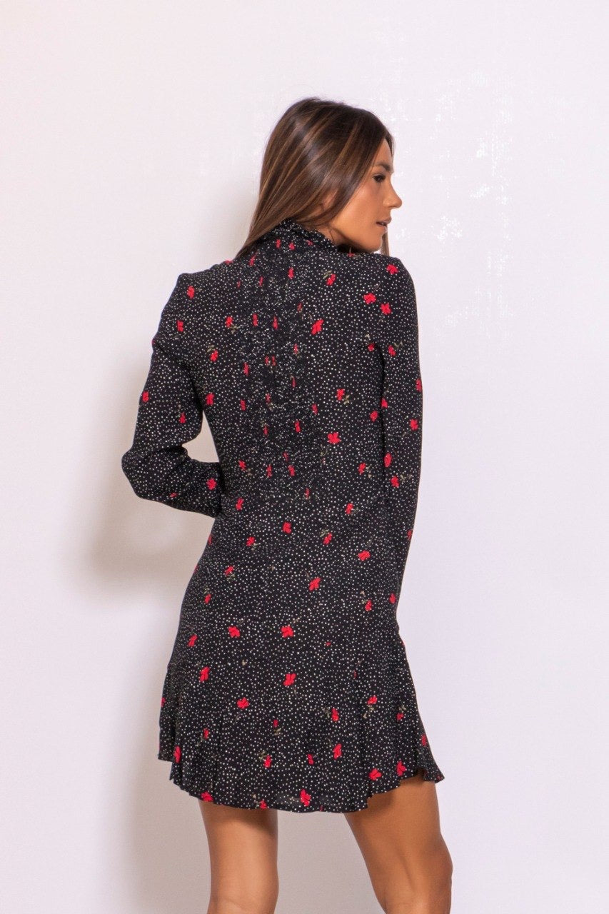 Preordine Abito Corto Accollato Con Balza Pois A Fiori Nero
