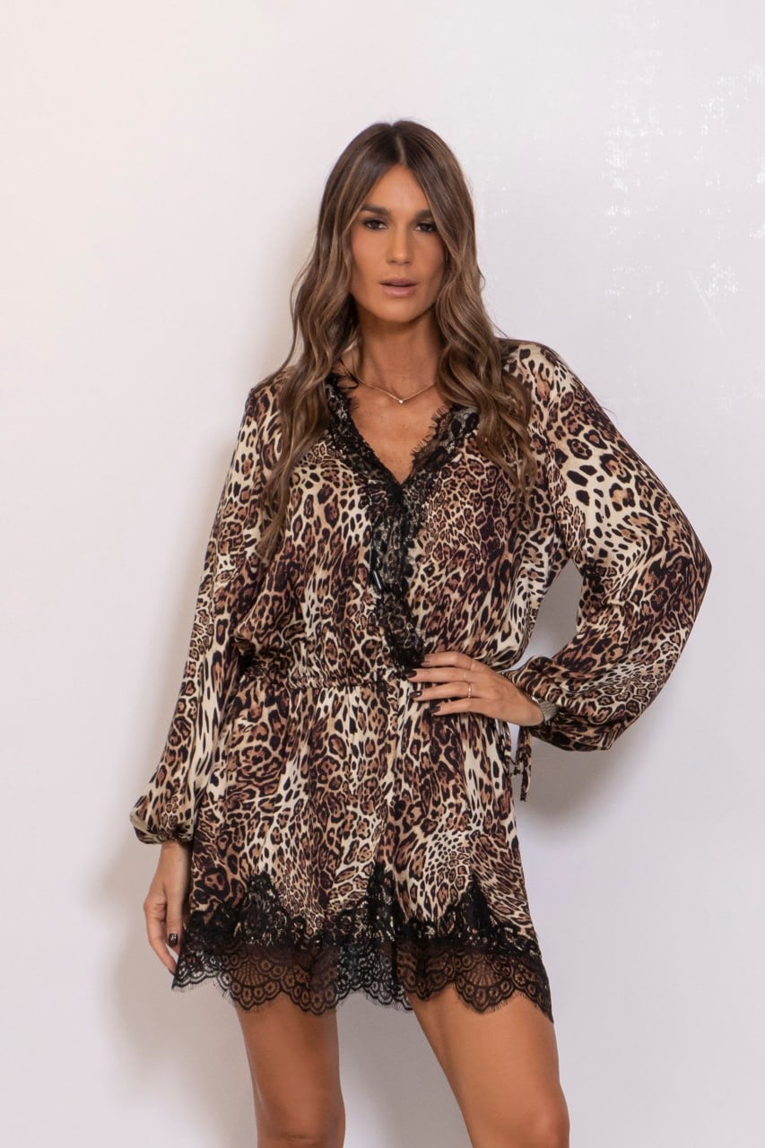 Abito Corto Con Coulisse In Vita E Dettagli In Pizzo Satin Maculato