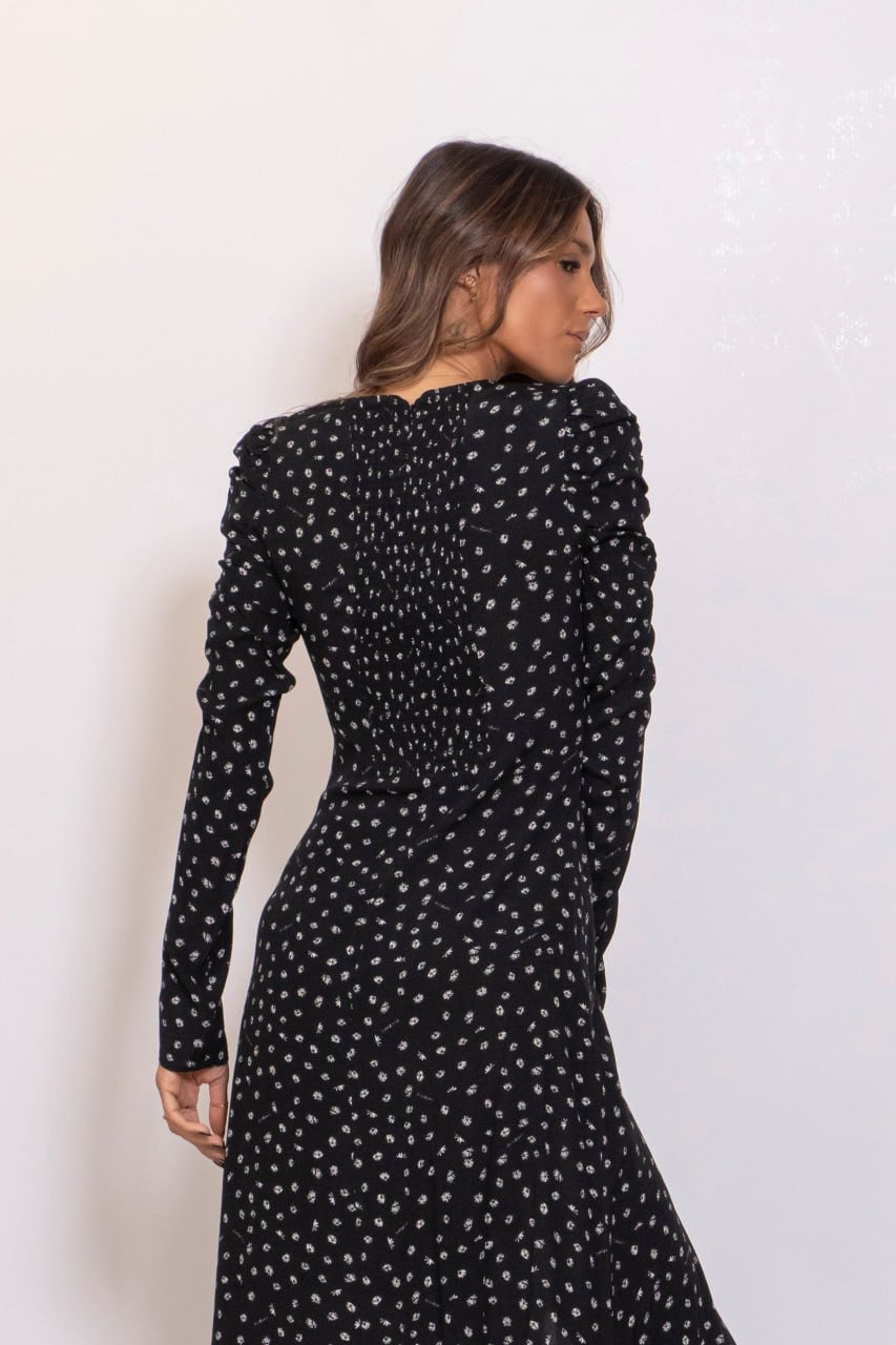 Preordine Abito Midi Con Arricciatura Laterale E Bottoncini Margherite Nero