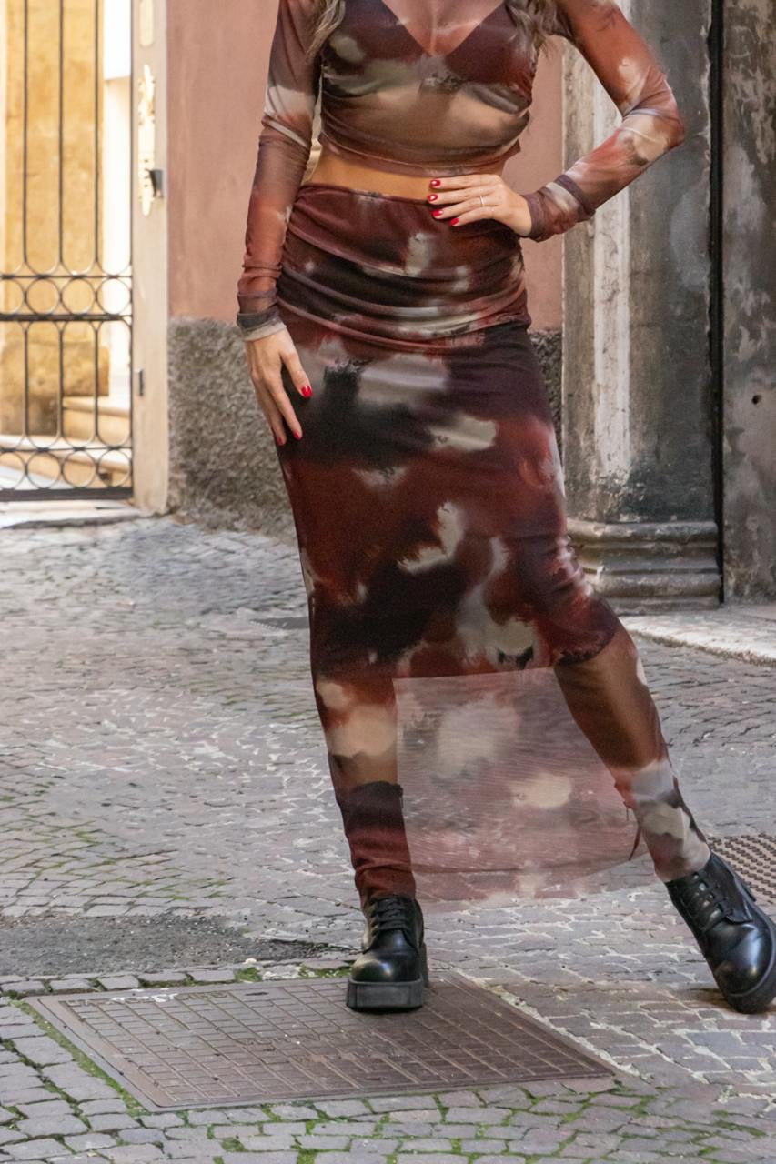 Gonna Arricciata Mesh Stampata