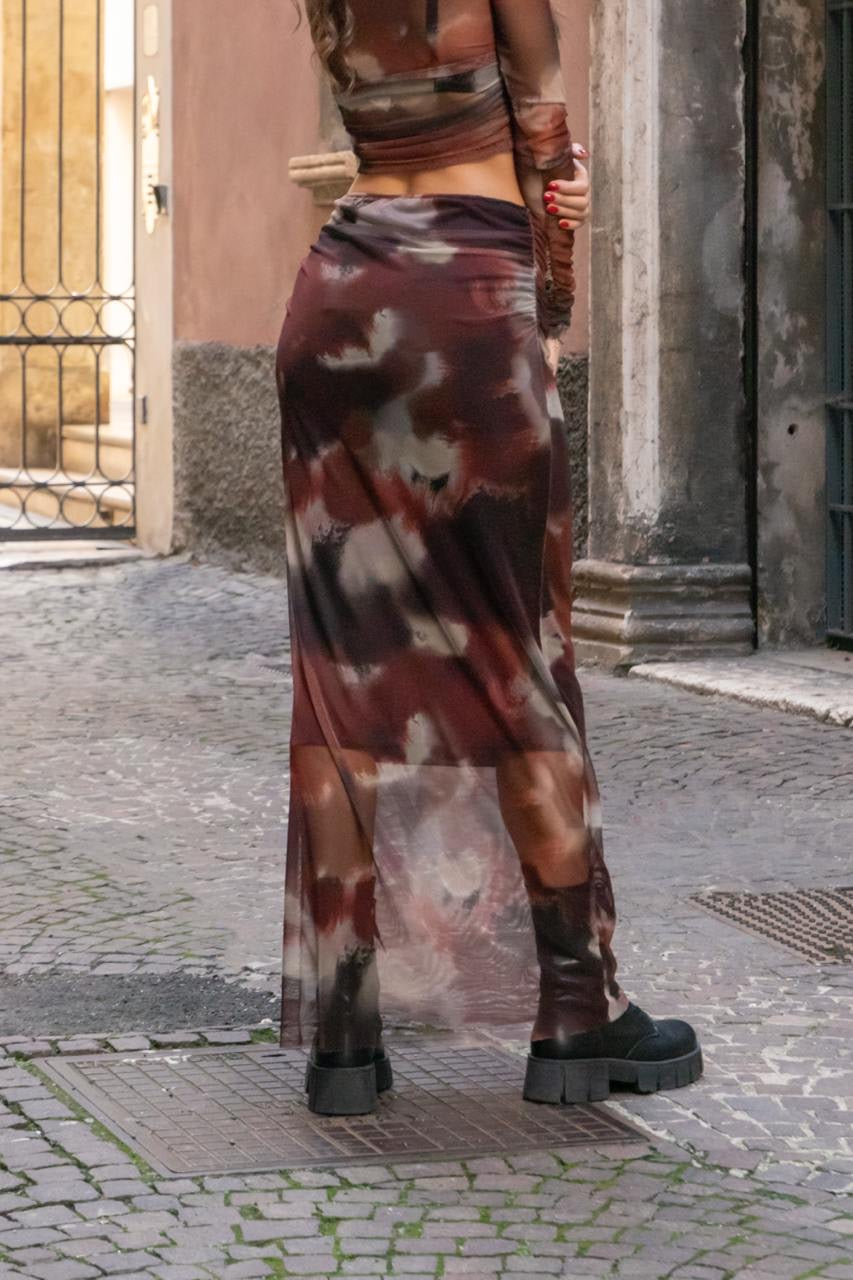 Gonna Arricciata Mesh Stampata