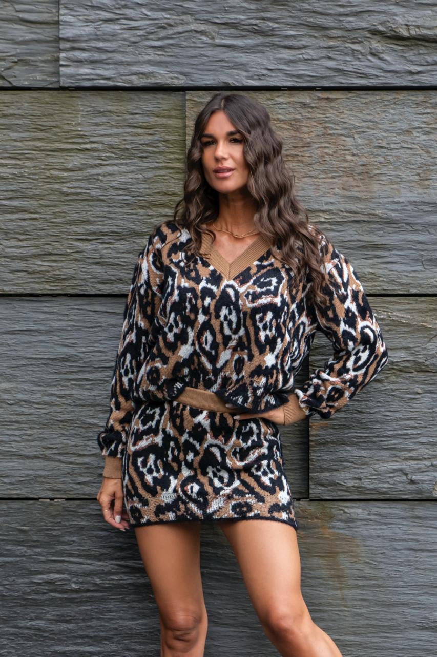 Minigonna In Maglia Jacquard Maculata Cammello