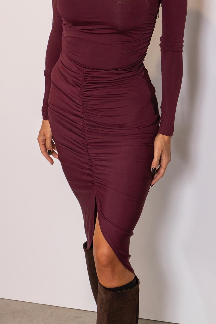 Gonna Midi Con Spacco E Arricciatura Verticale Bordeaux