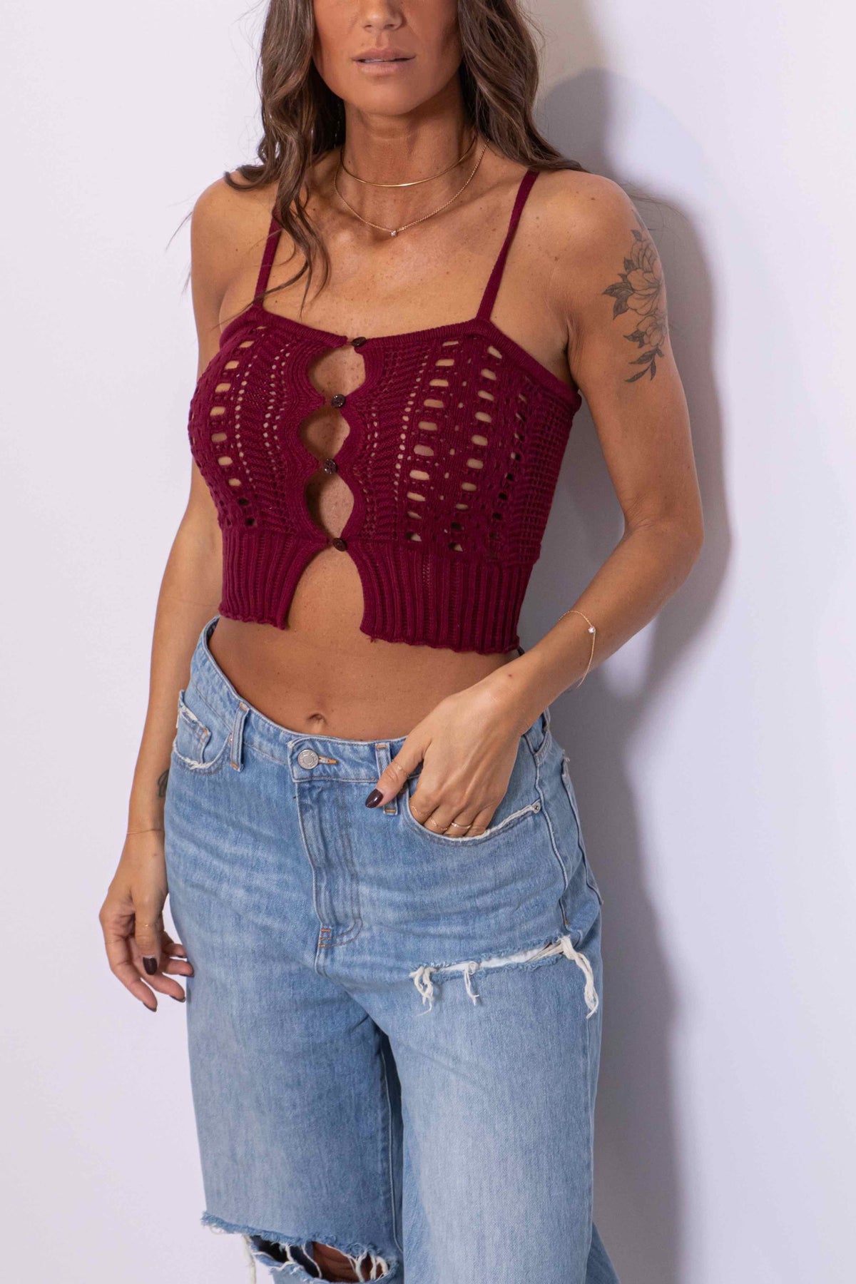 Crop Top Scollo Dritto Con Bottoncini In Maglia Traforata