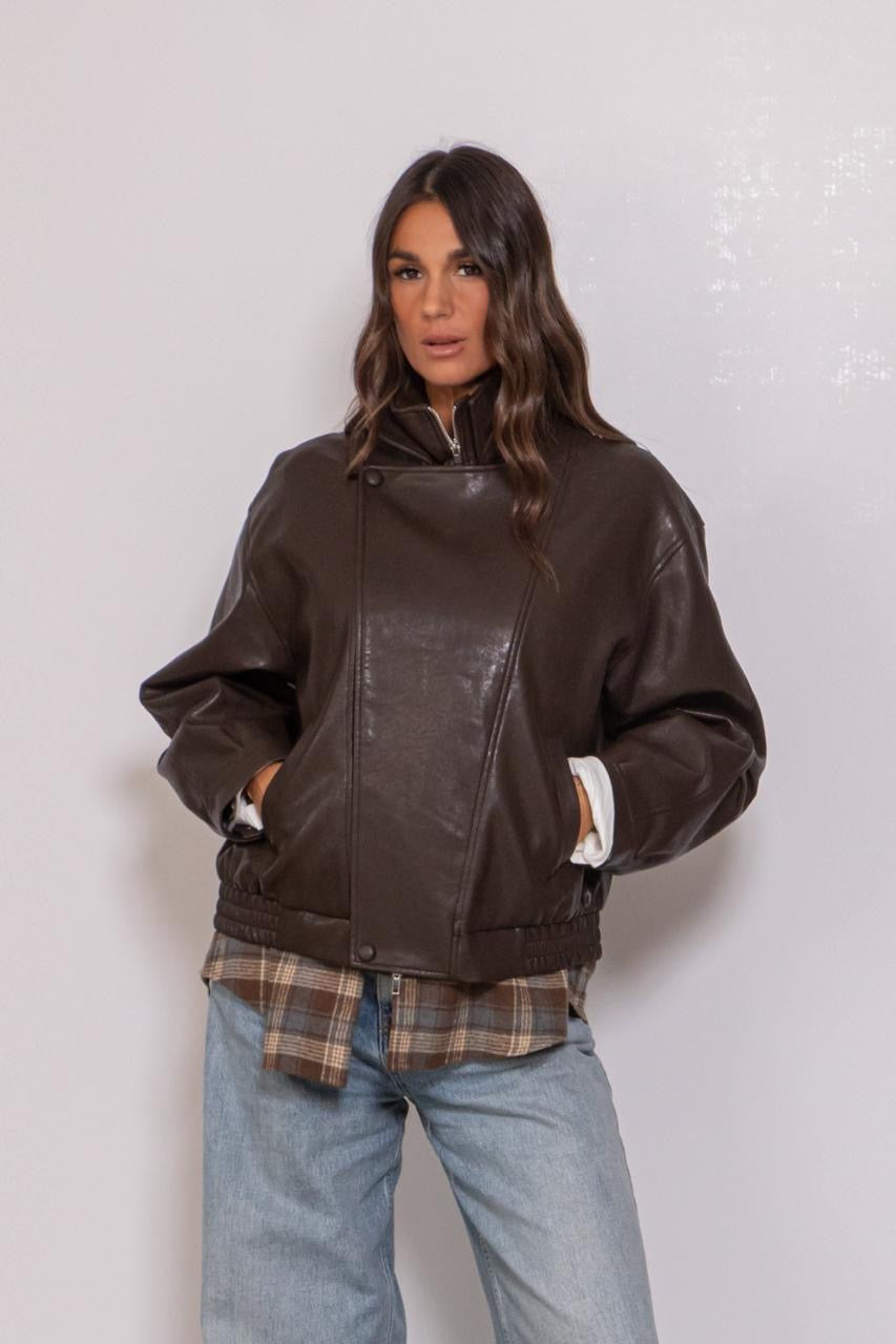 Bomber Effetto Pelle Marrone