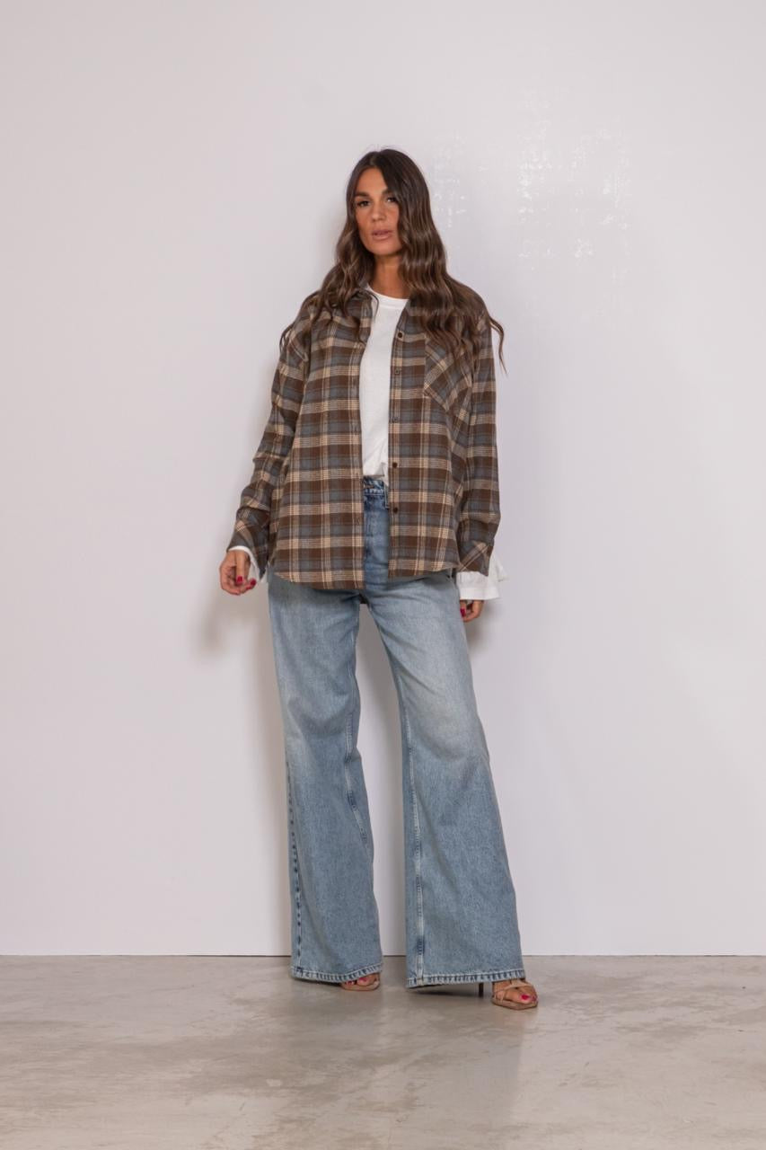 Maxi Camicia A Quadri Con Tasca Sul Petto Marrone