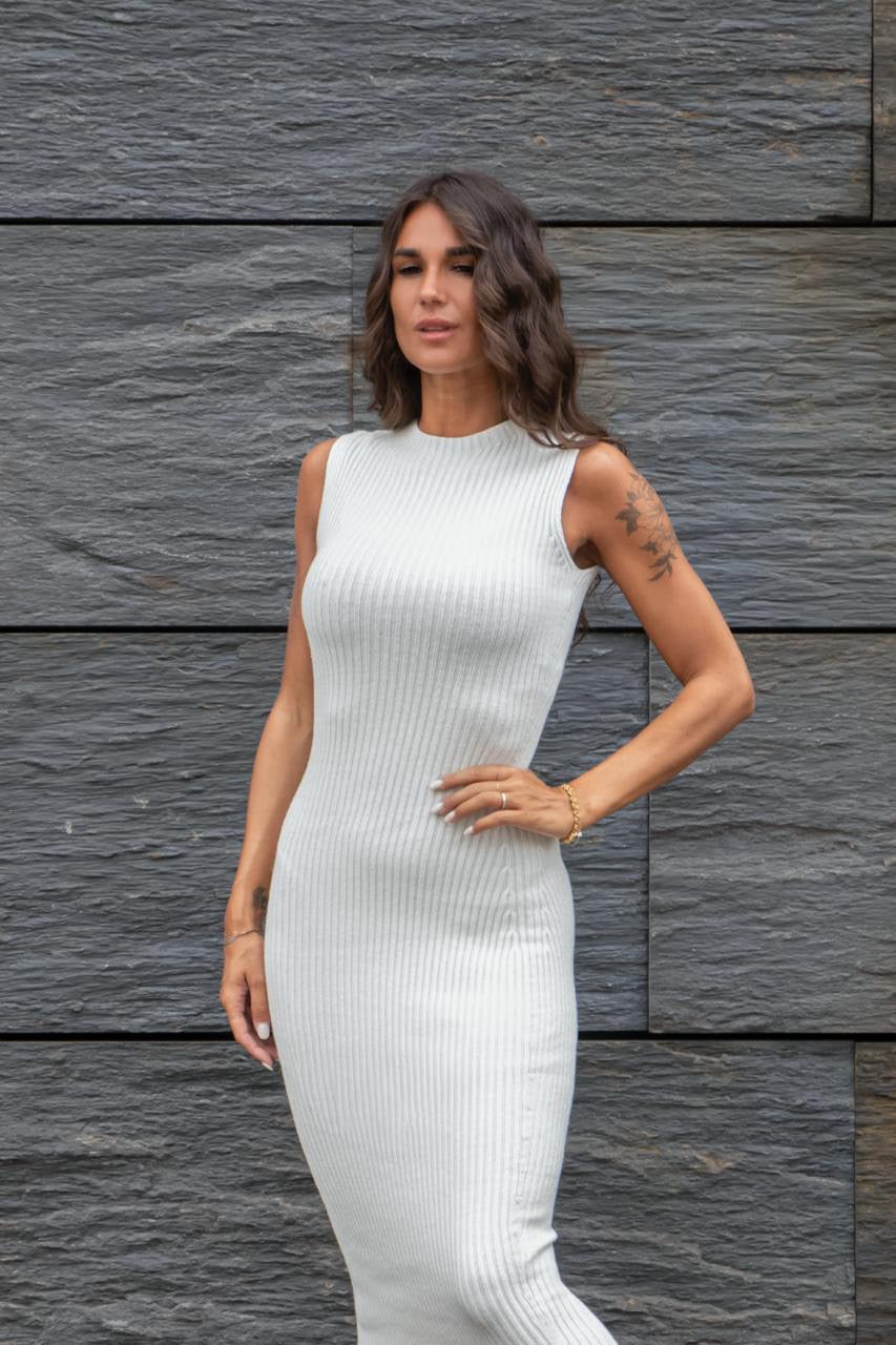 Abito Midi In Maglia A Costine Con Micropaillettes Bianco