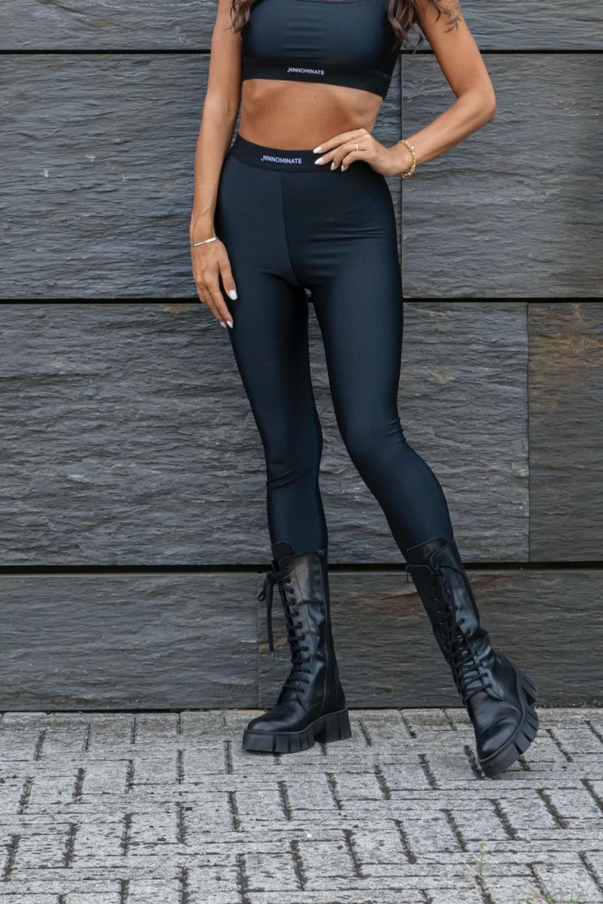 Leggings In Lycra Lucida A Vita Alta Con Elastico Logato