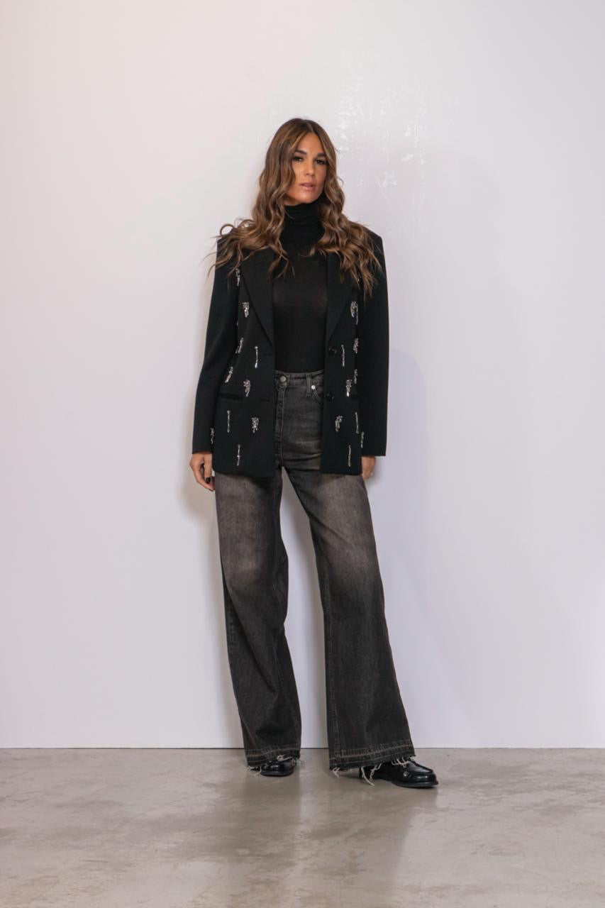 Blazer Relax Fit Con Ricami Gioiello Nero