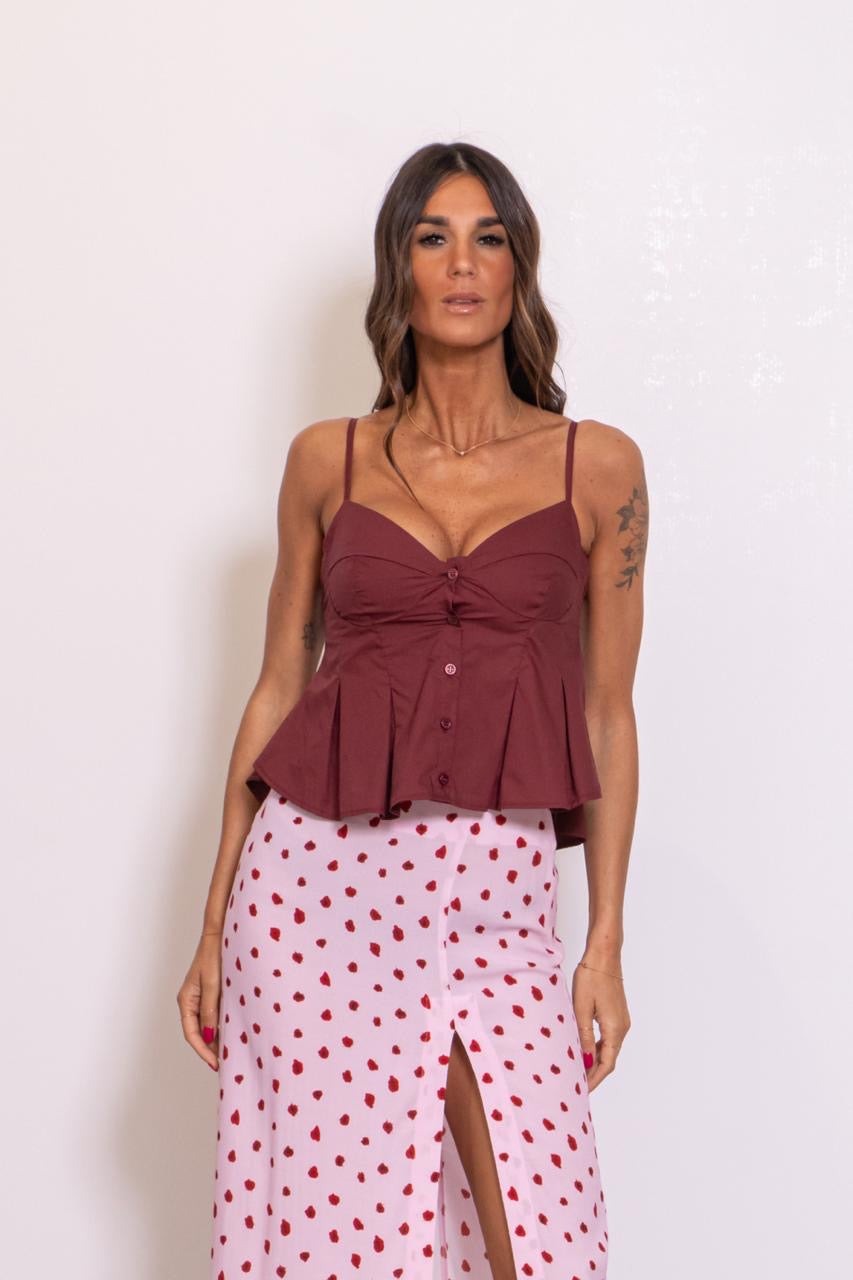 Crop Top Scollo A Cuore Con Bottoncini In Popeline