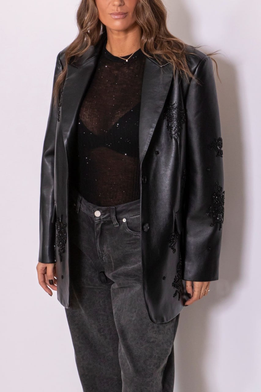 Blazer In Ecopelle Con Ricami Perline Nero