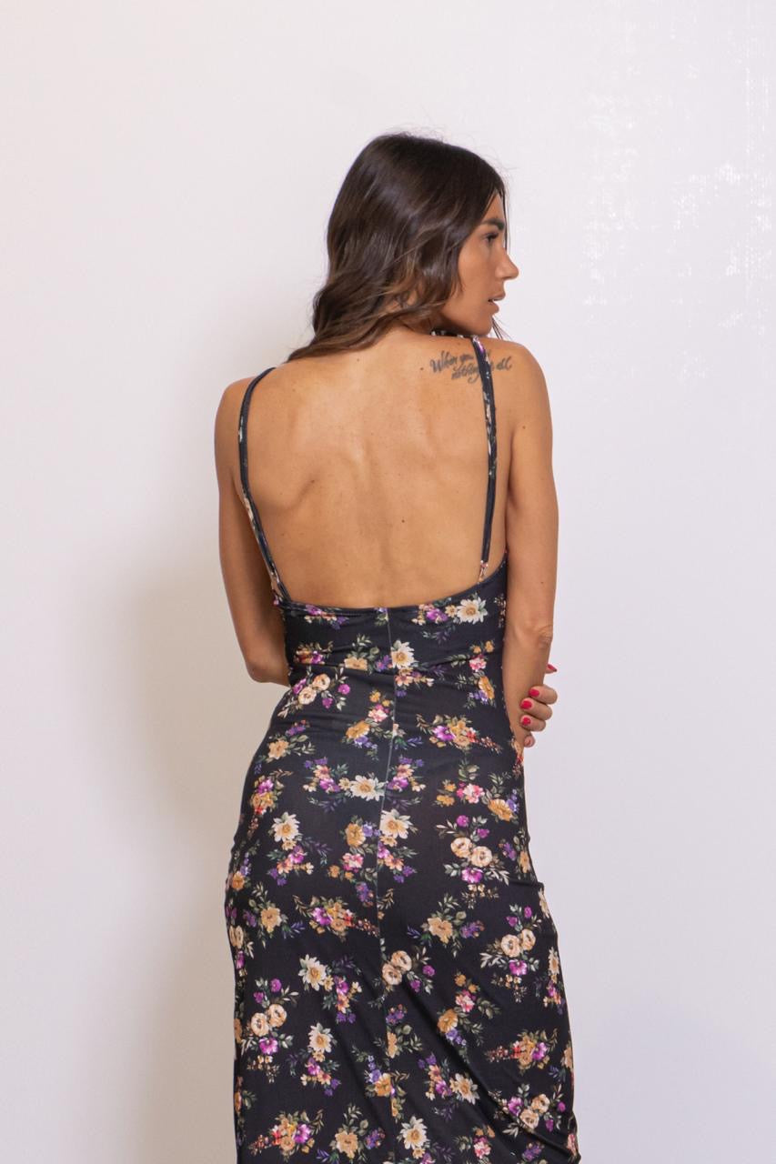 Preordine Abito Lungo Con Spacco Floreale Nero