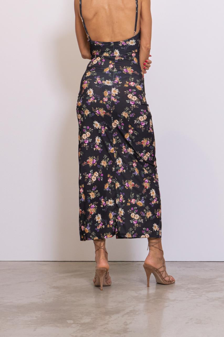 Preordine Abito Lungo Con Spacco Floreale Nero