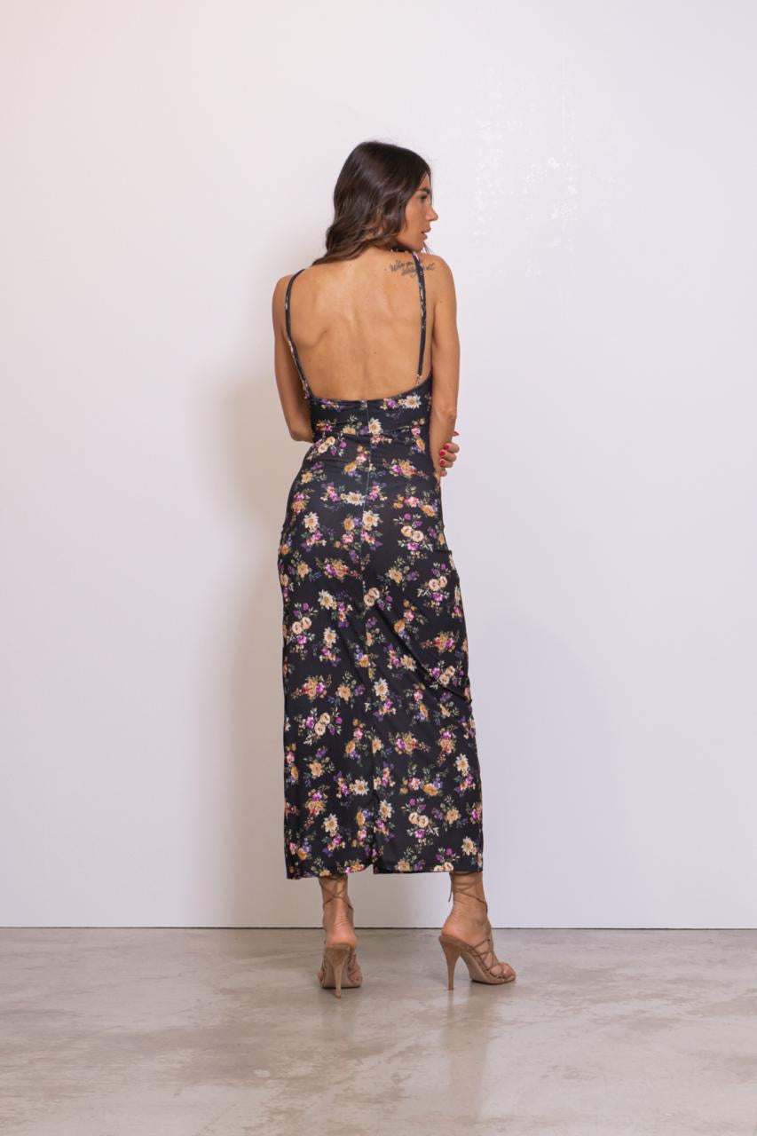 Preordine Abito Lungo Con Spacco Floreale Nero