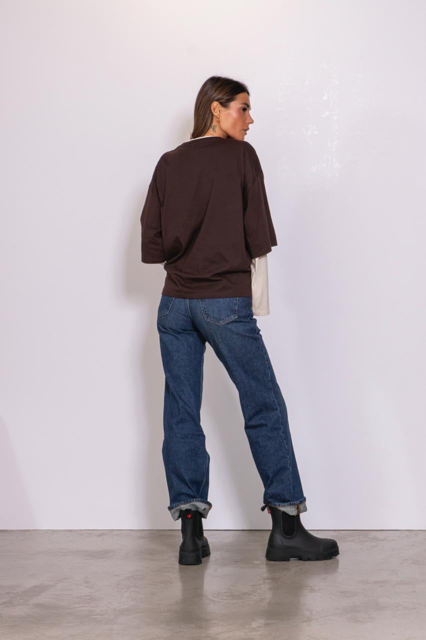 T-shirt Manica Lunga Svasata Bicolor marrone
