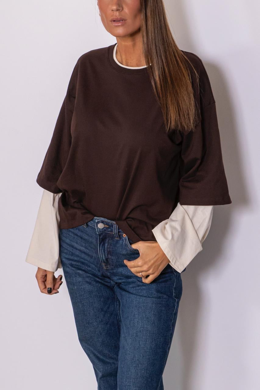T-shirt Manica Lunga Svasata Bicolor marrone