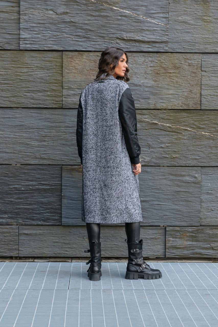 Cappotto Lungo In Panno Spinato Con Maniche In Nylon